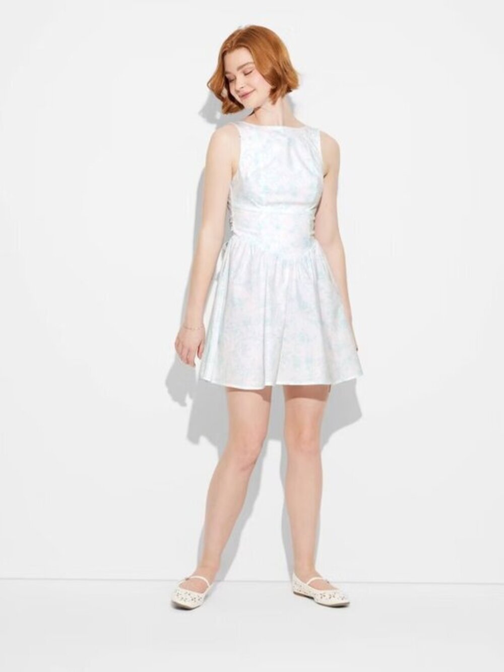 NWT Wild Fable Open Back Bow Mini Dress Blue Floral Toile Soft Girl Coquette